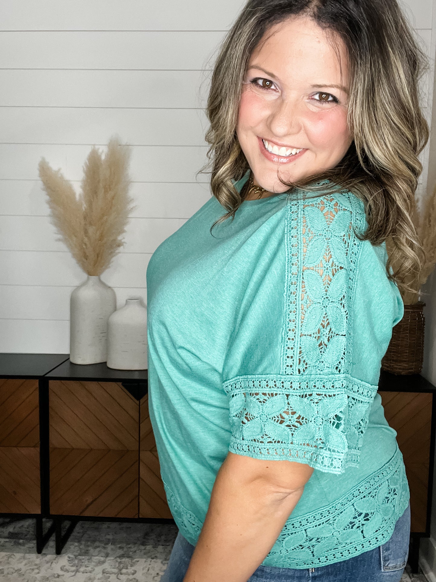 "Almost" Short Sleeve Boxy Tee with Trim Detail (Jade)