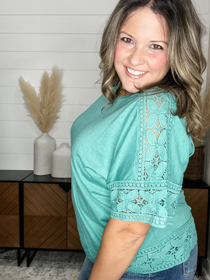 "Almost" Short Sleeve Boxy Tee with Trim Detail (Jade)
