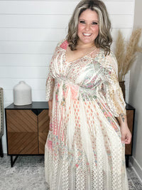 "Country In The Park" Long Sleeve V Neck Lace Dress (Patchwork)