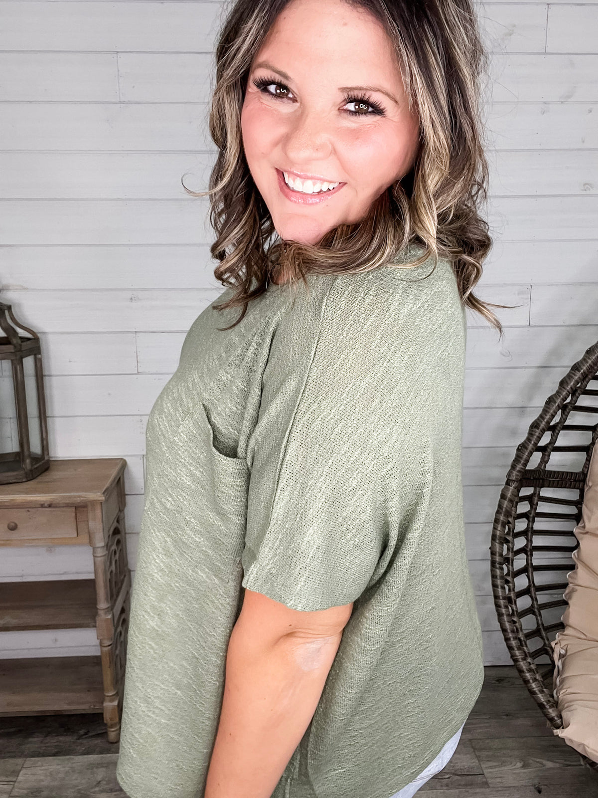"Ponder" Oversized Hacci Tee with Chest Pocket (Light Olive)