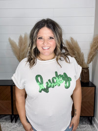 "Lucky" Short Sleeve Rolled Cuff Ruffle Ribbed