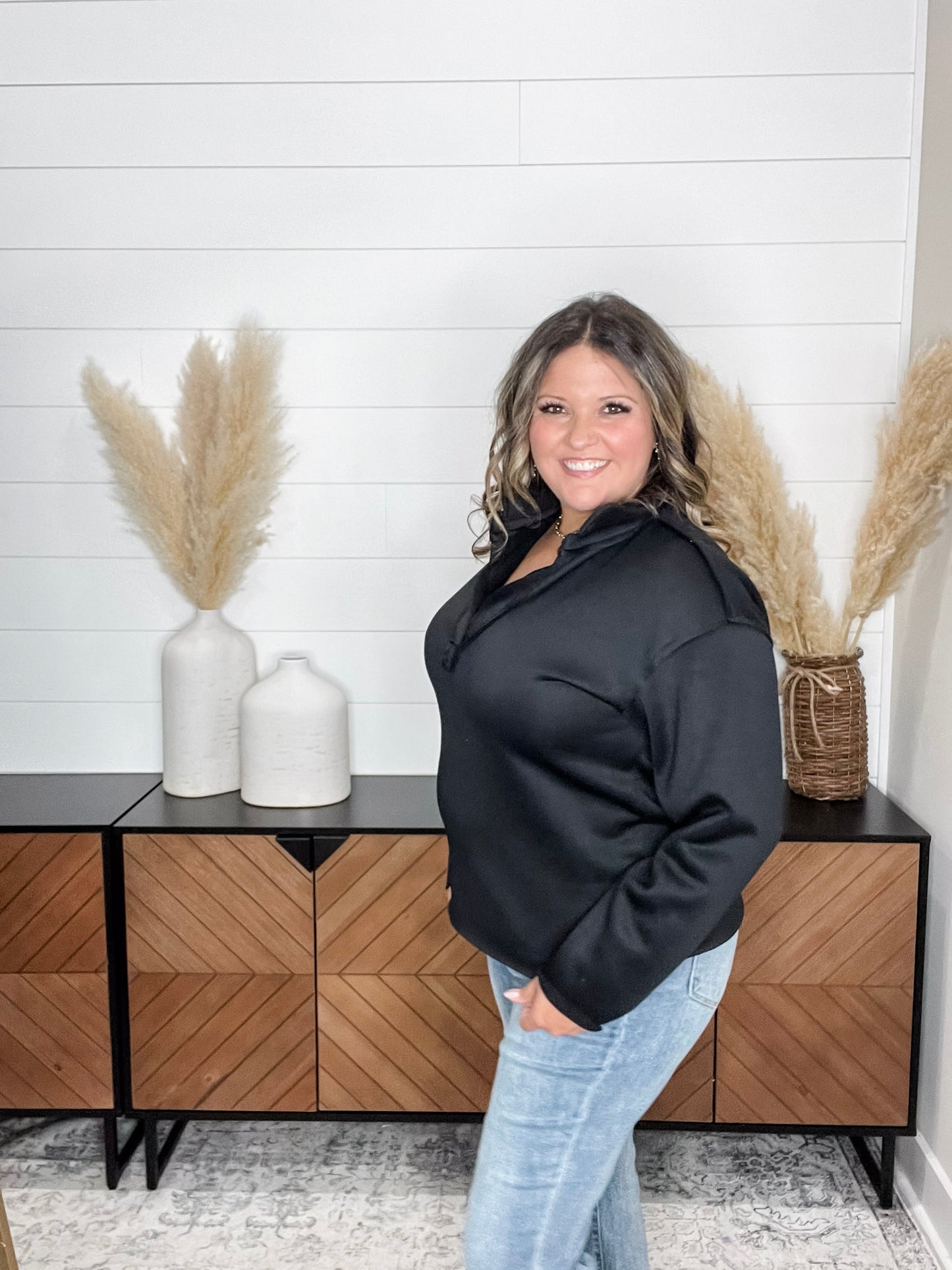 Long Sleeve Split Neck Sweatshirt (Black)