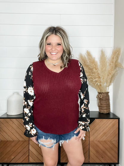 "Grateful" Ribbed Body Long Sleeve V Neck