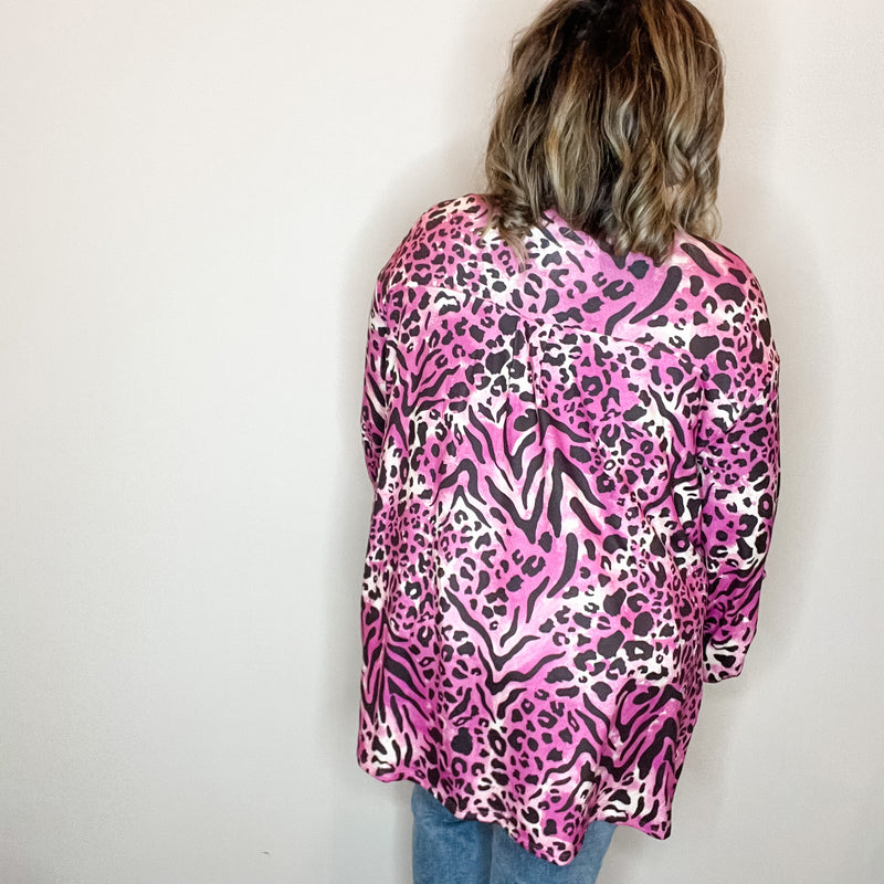 "Turntable" Animal Print Cardigan with 3/4 Sleeve Button Detail