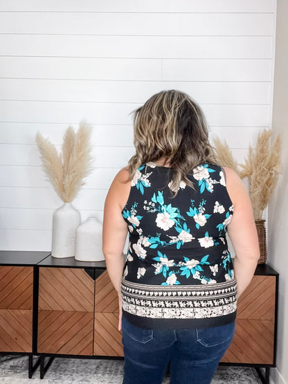 "James" Floral U Neck Tank (Black & Aqua)