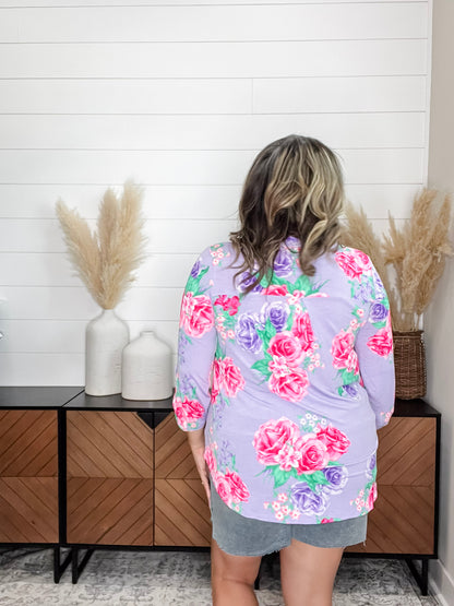 "Prelude" Floral Lizzy 3/4 Sleeve Split Neck Tops