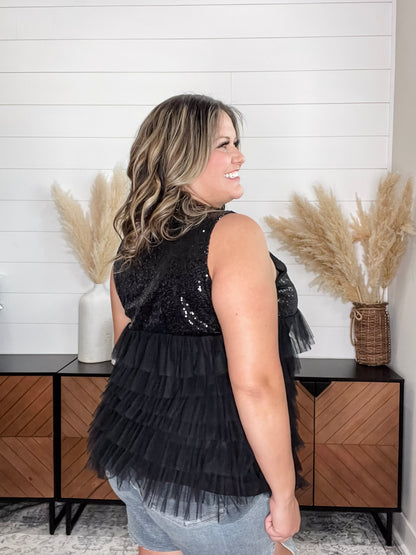 "On The Town" Sequined Ruffle Tank