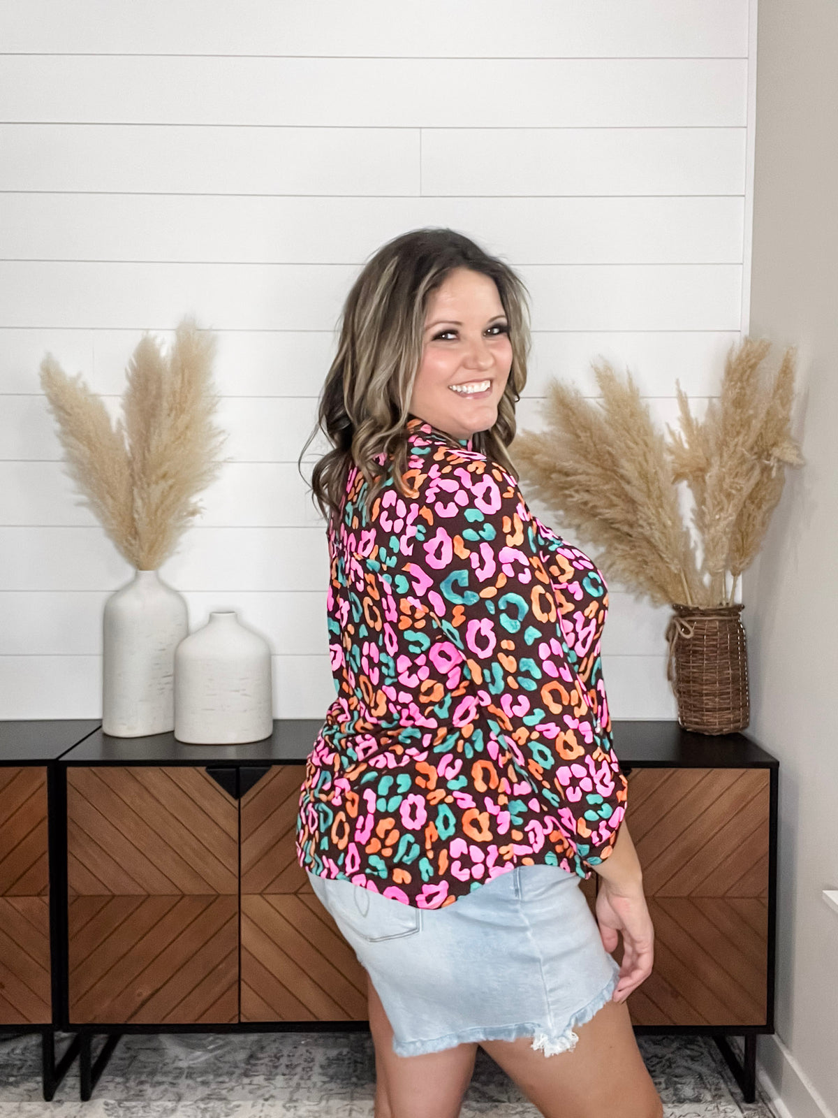 Dear Scarlett "Hastings" Animal Print Lizzy 3/4 Sleeve Split Neck