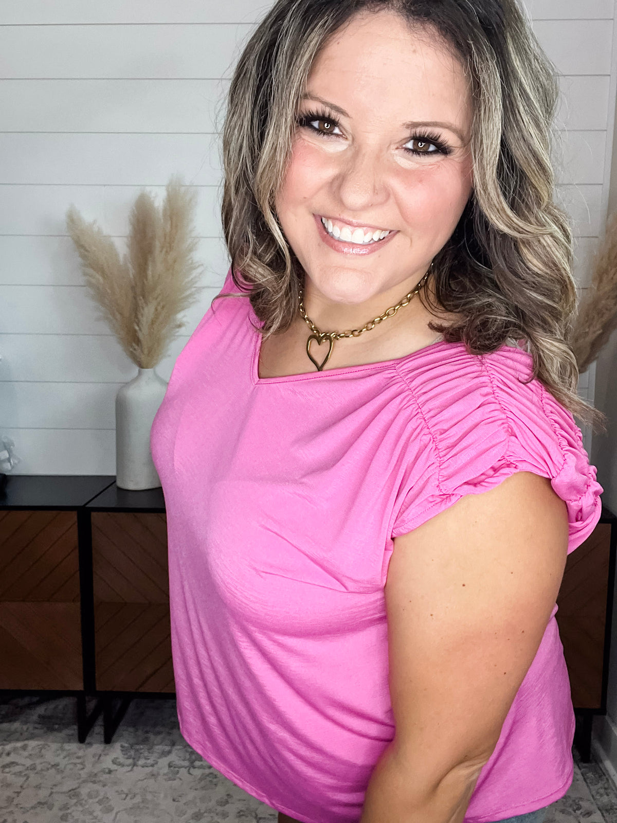 Dear Scarlett "Ward" Ruched Shoulder with Back Tie Detail Tank (Magenta)