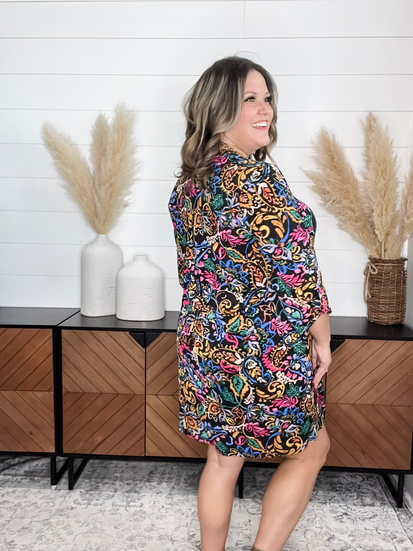 Dear Scarlett "Phosphorus" 3/4 Sleeve Split Neck Dress with Pockets