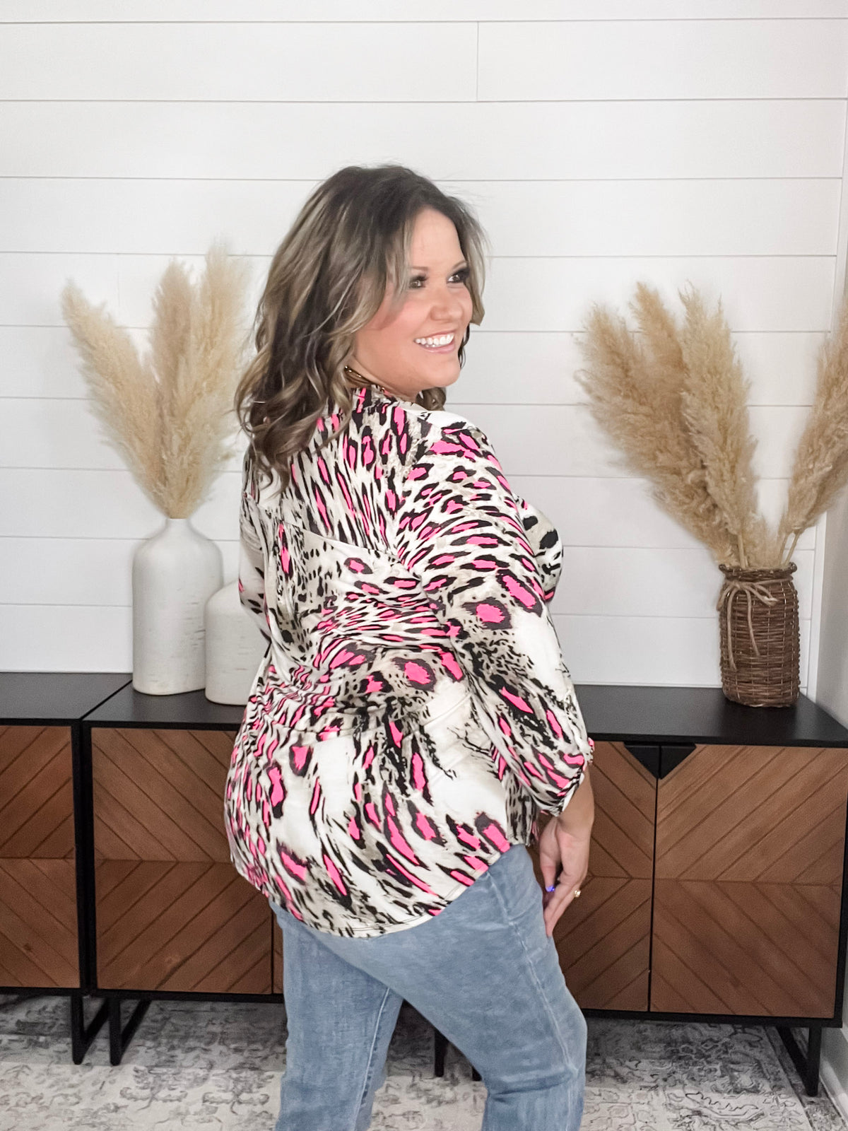 Dear Scarlett "Distinctive" Animal Print Lizzy 3/4 Sleeve Split Neck