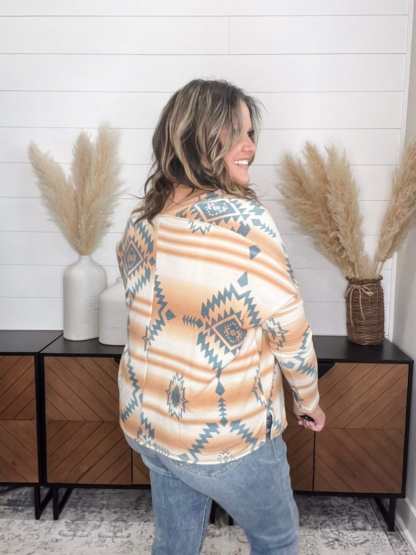 "Cross That Bridge" V Neck and Back Design Aztec Print (Dark Peach)