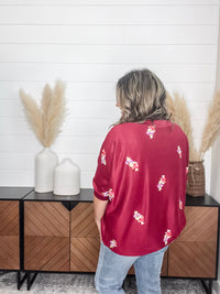 Dear Scarlett "Deceptive" Floral Embroidered Short Sleeve Dolman with Cuff and Collar (Wine)