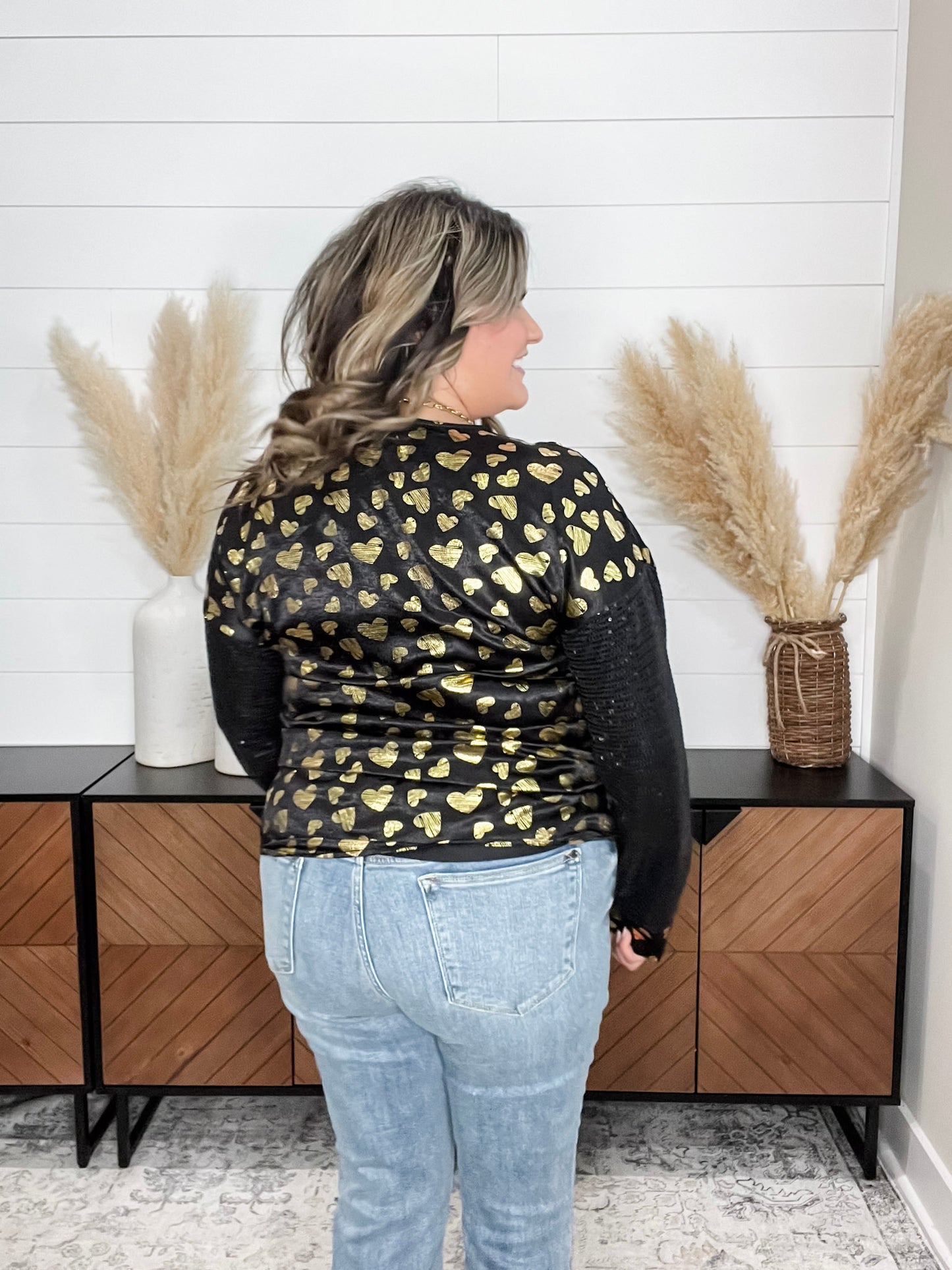 "Golden" Long Sequin Sleeved Top with Foil Hearts