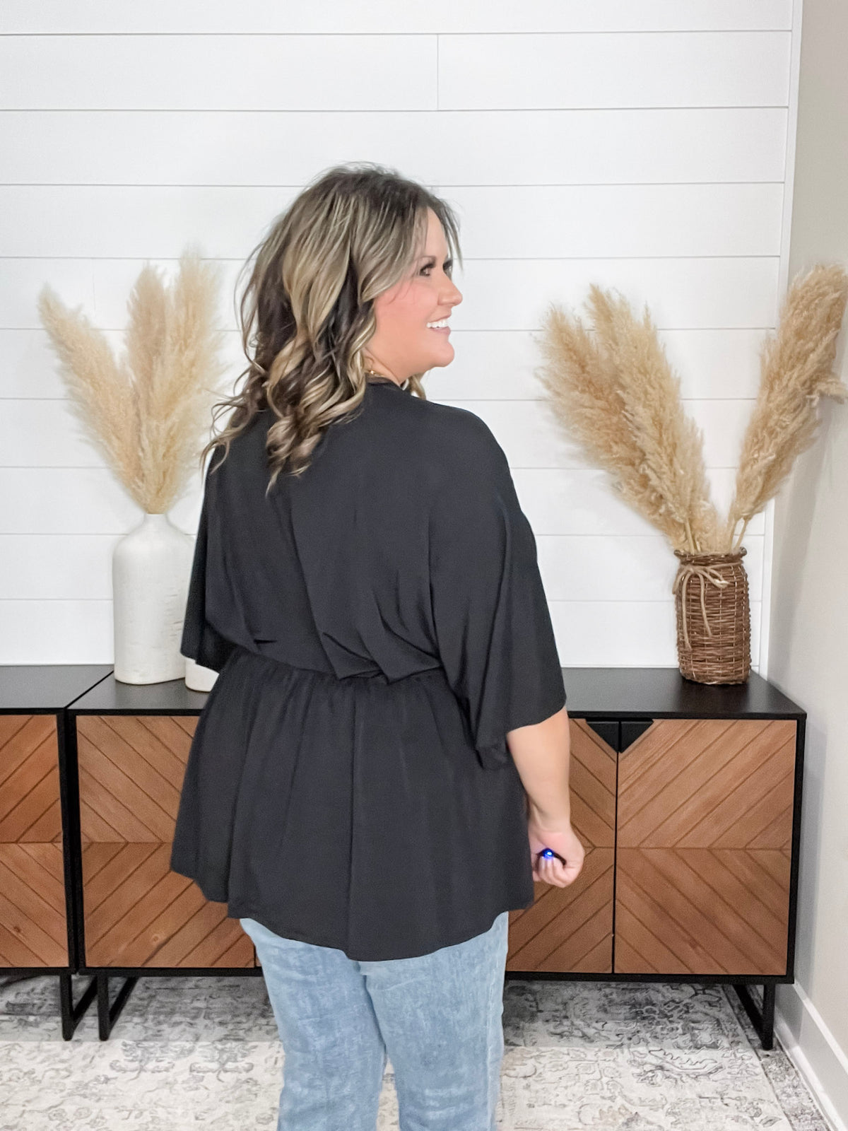 Dear Scarlett "Here We Go Again" V Neck 3/4 Bell Sleeve (Black)