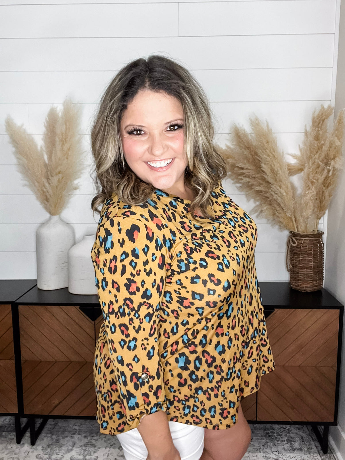 Dear Scarlett "Losing Battle" Animal Print Lizzy 3/4 Sleeve Split Neck