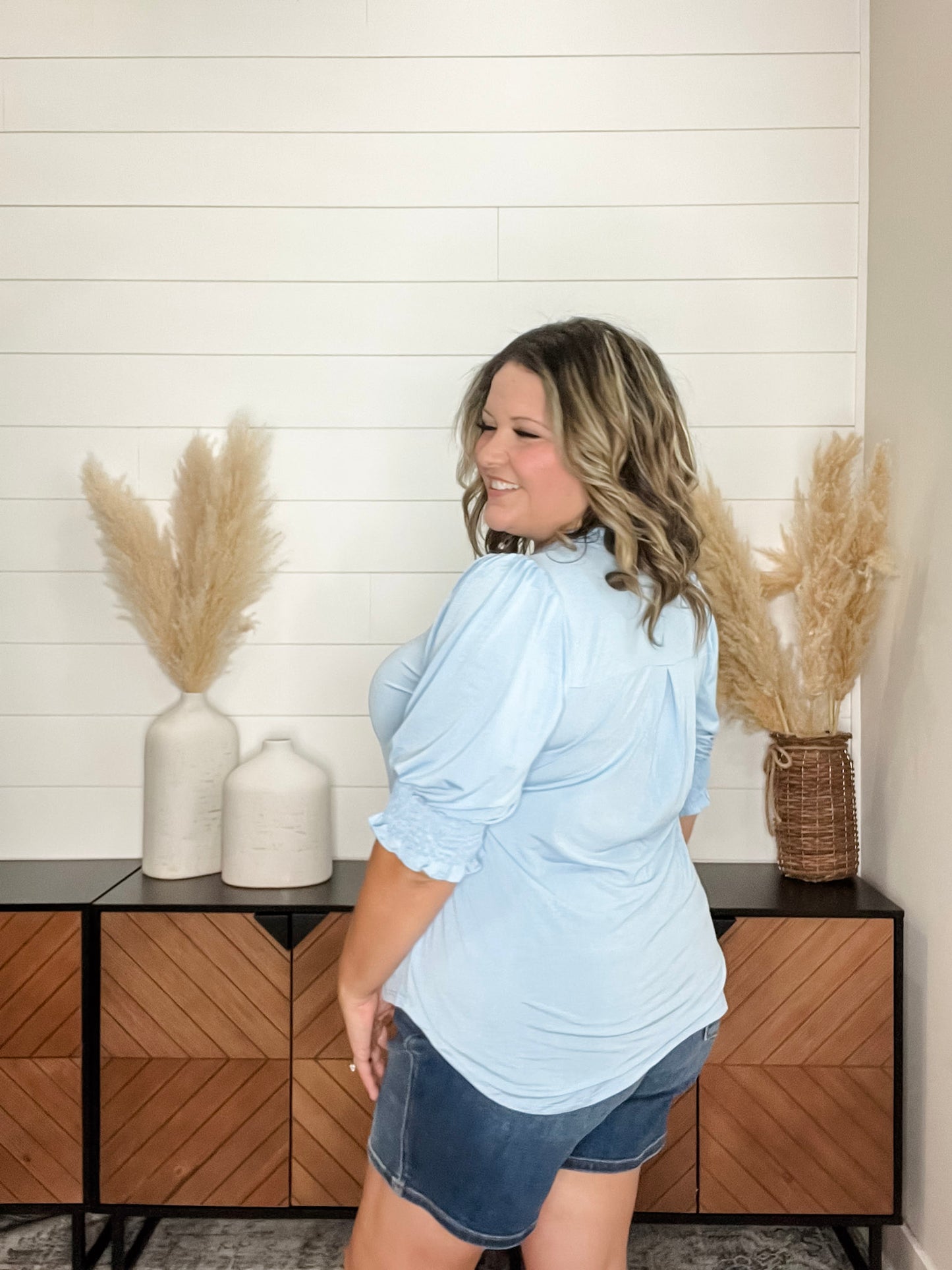"Shocking" 3/4 Smocked Sleeve Split Neck (Blue)