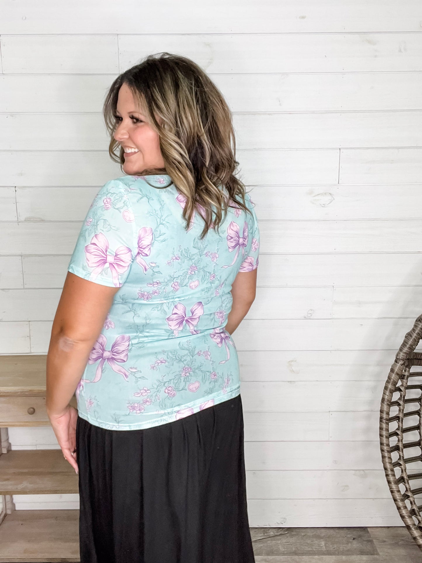 Shirley & Stone "Lavender Bows" Short Sleeve Mesh Top