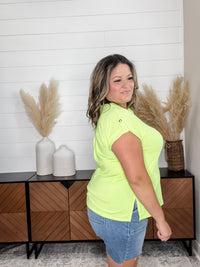 Dear Scarlett "Dare" Solid Split Neck Cuffed Short Sleeve (Neon Green)