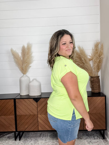 "Dare" Solid Split Neck Cuffed Short Sleeve (Neon Green)
