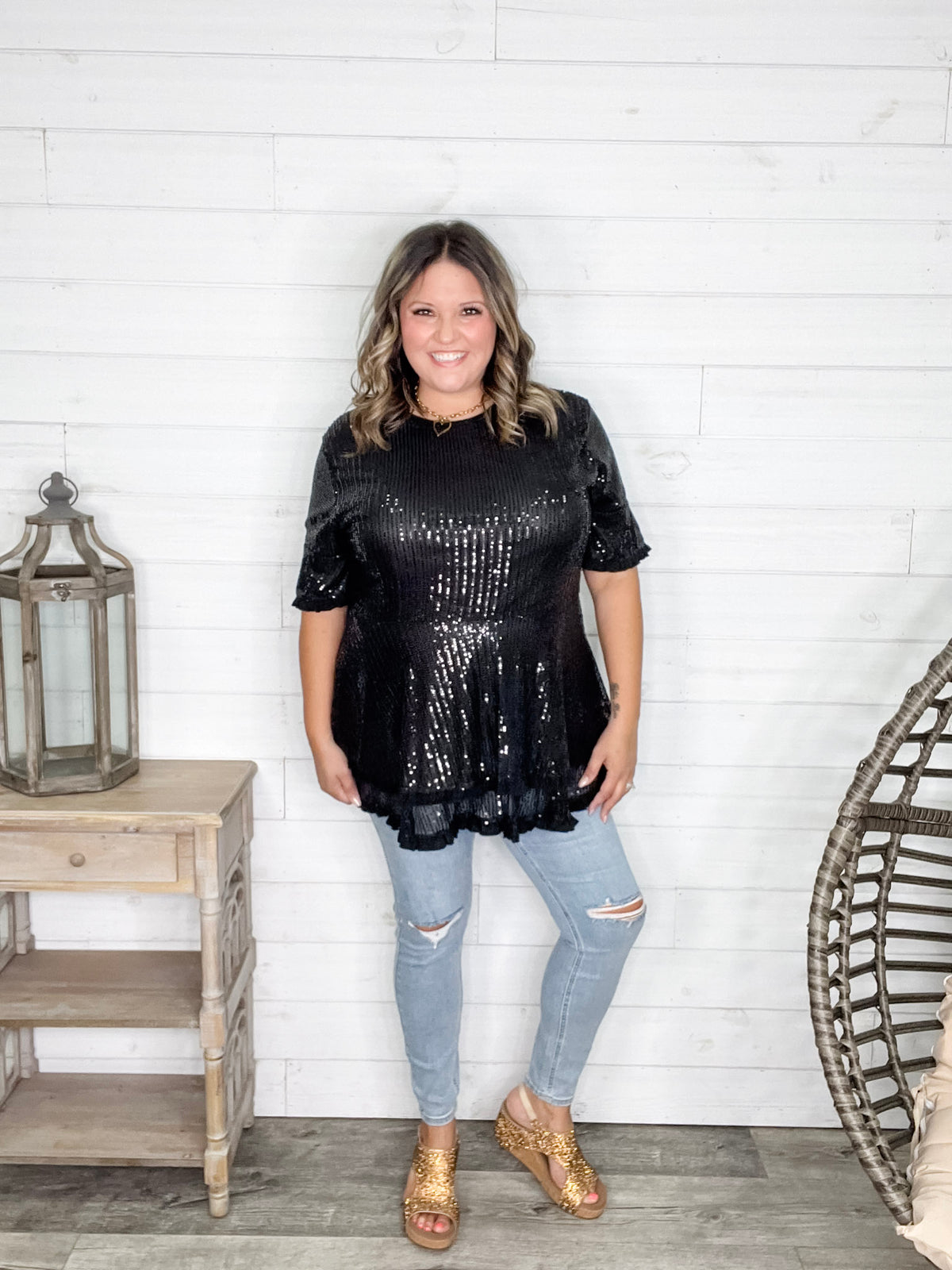 "Caught A Glimpse" Sequined Ruffle Hem and Sleeve (Black)