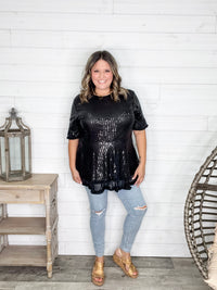 "Caught A Glimpse" Sequined Ruffle Hem and Sleeve (Black)