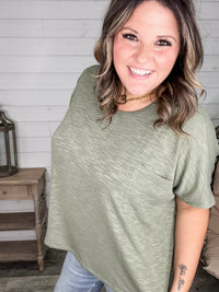 "Ponder" Oversized Hacci Tee with Chest Pocket (Light Olive)