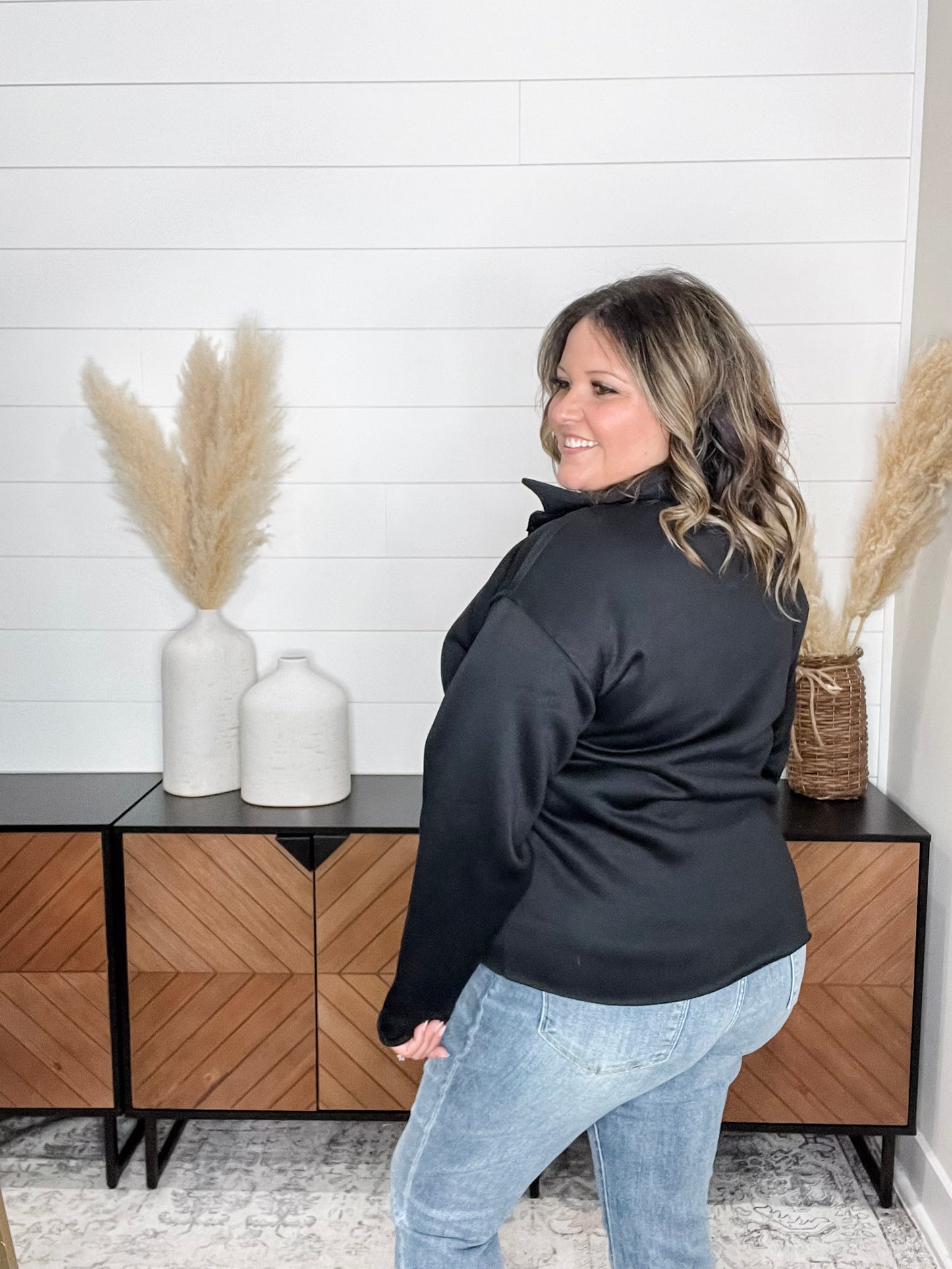 Long Sleeve Split Neck Sweatshirt (Black)