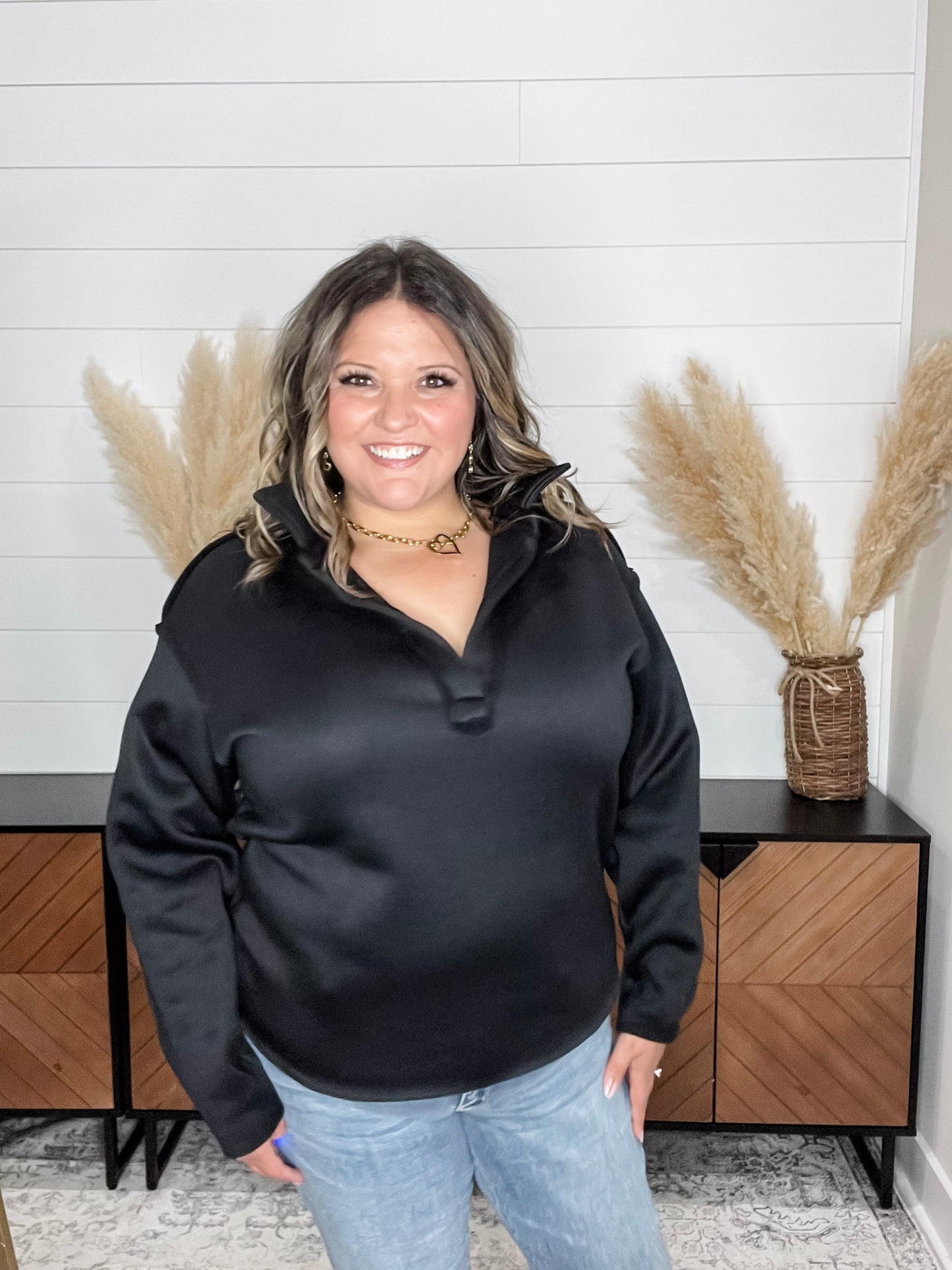 Long Sleeve Split Neck Sweatshirt (Black)
