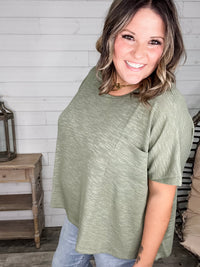 "Ponder" Oversized Hacci Tee with Chest Pocket (Light Olive)