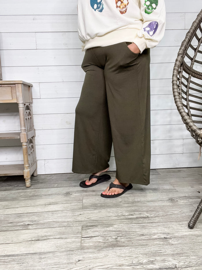 Smocked Waistband Lounge Pants (Olive and Rust)