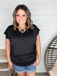 "Day to Night" Dolman with Ruffle Collar Front Tie Detail (Black)