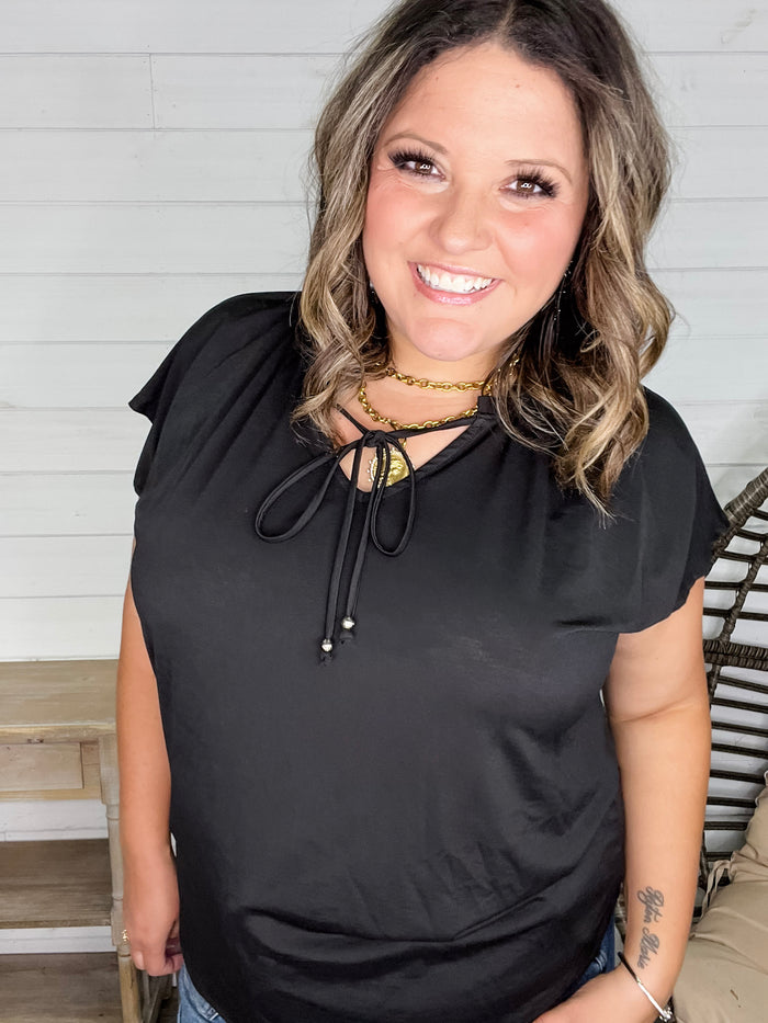 "Day to Night" Dolman with Ruffle Collar Front Tie Detail (Black)