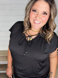 "Day to Night" Dolman with Ruffle Collar Front Tie Detail (Black)