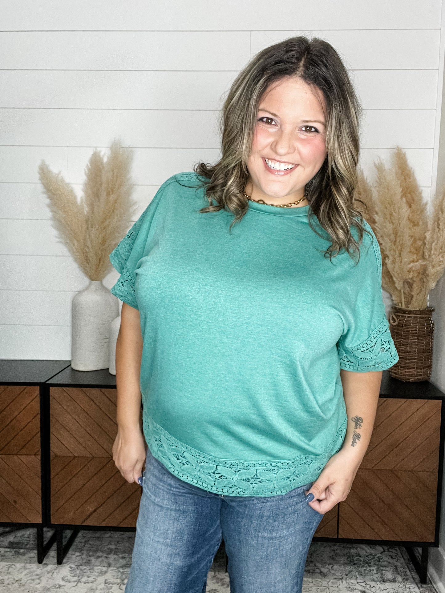 "Almost" Short Sleeve Boxy Tee with Trim Detail (Jade)