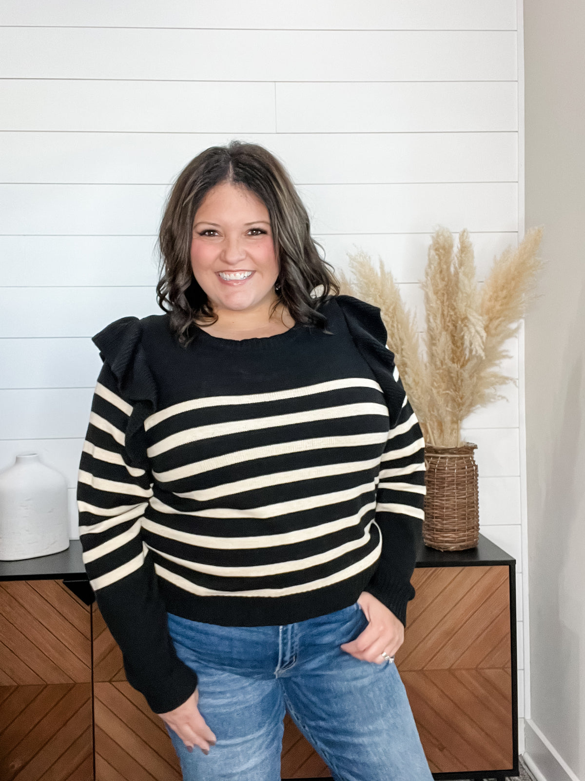 "Tish" Long Sleeve Ruffle Shoulder Sweater