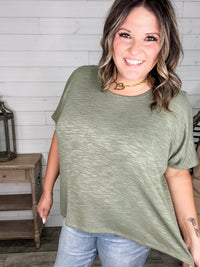 "Ponder" Oversized Hacci Tee with Chest Pocket (Light Olive)