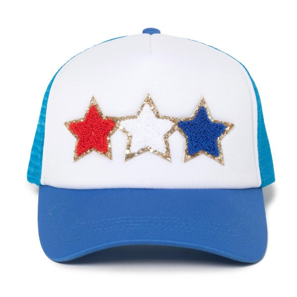 Glitter Chenille Red, White, and Blue Stars Patch Trucker Hat