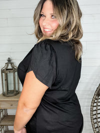 "Just The Beginning Chapter Two" Solid Tulip Sleeve V Neck (Black)