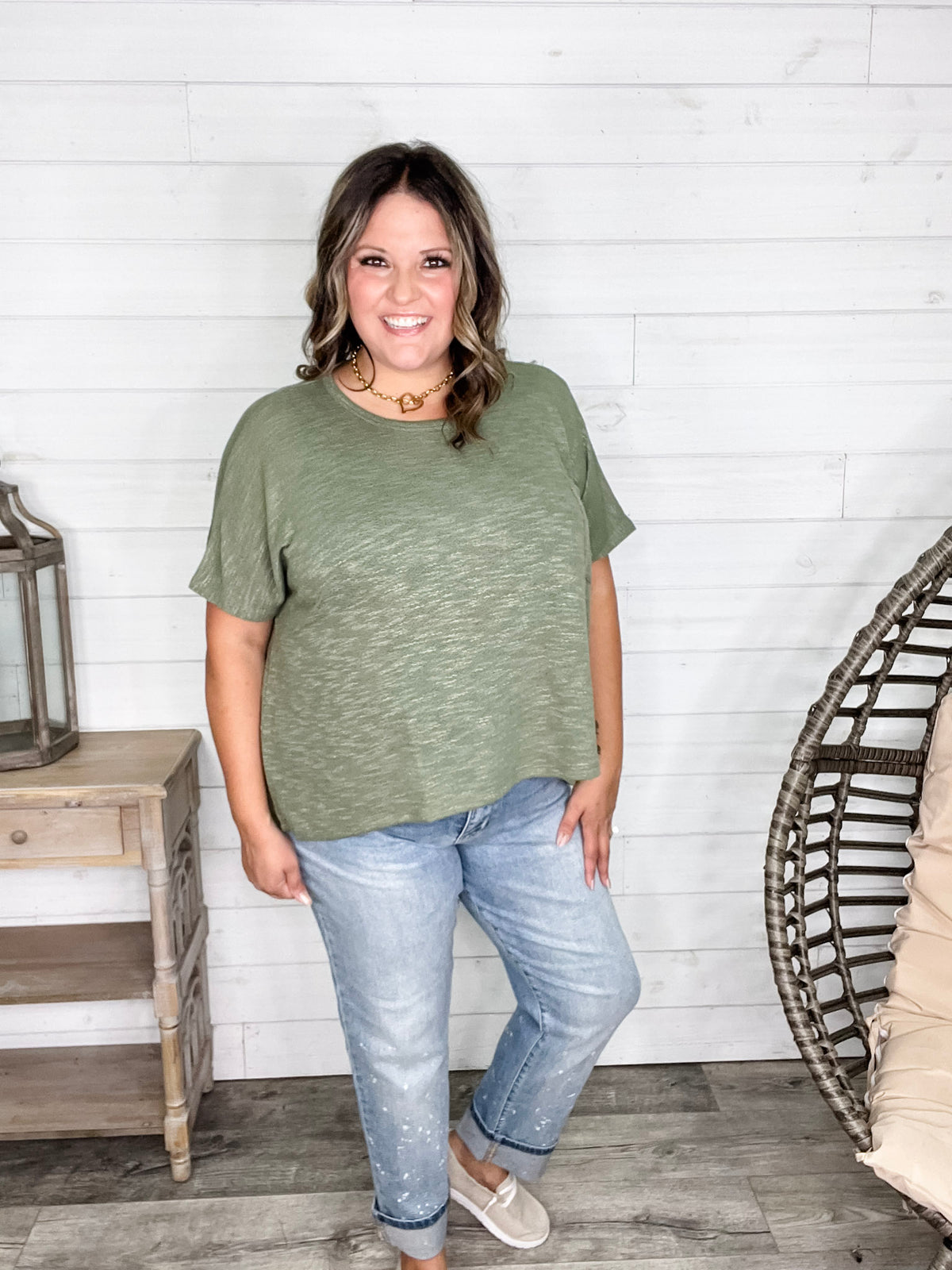 "Ponder" Oversized Hacci Tee with Chest Pocket (Light Olive)