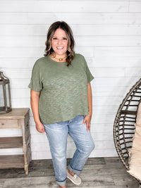 "Ponder" Oversized Hacci Tee with Chest Pocket (Light Olive)