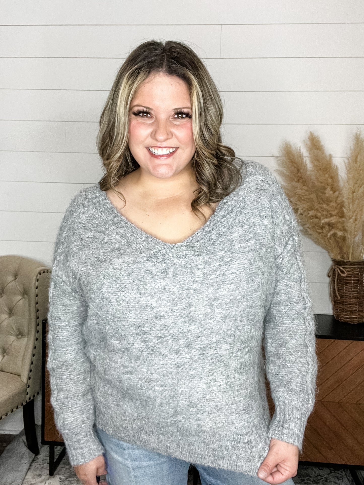 "Gravel" Oversized Wide V Neck Sweater