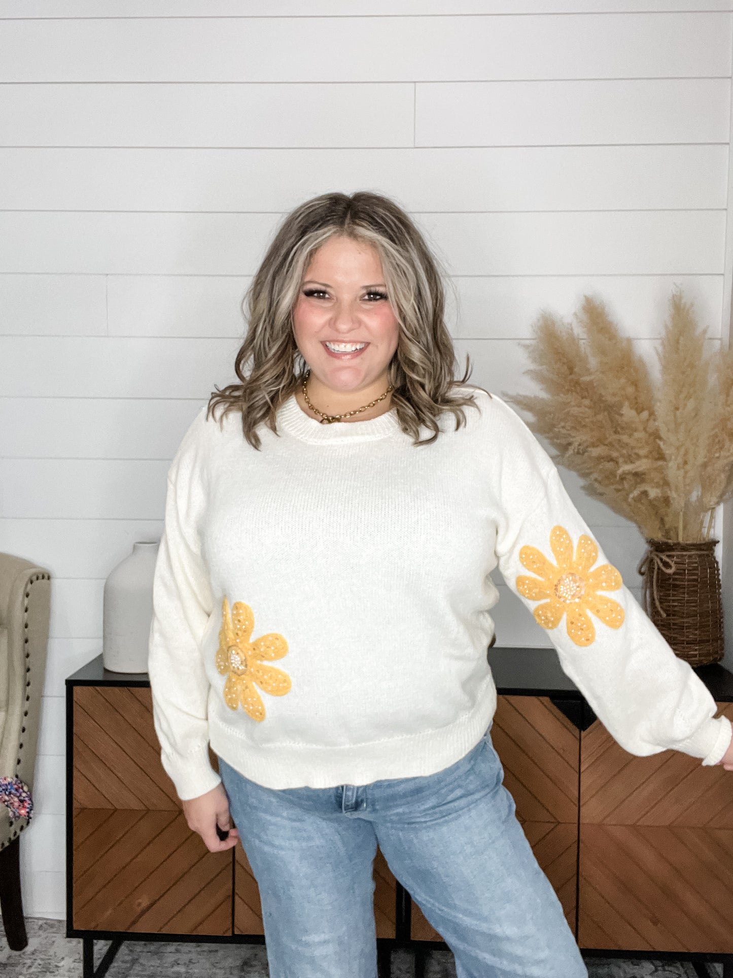 "Diego" Flower Accent Sweater with Jewel Embellishments