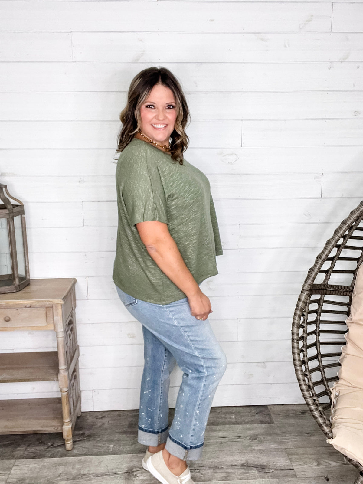 "Ponder" Oversized Hacci Tee with Chest Pocket (Light Olive)