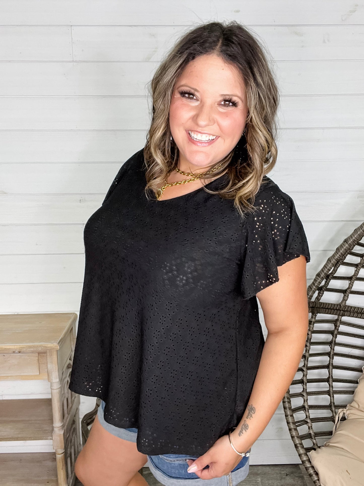 "Counting On It" Eyelet Ruffle Cap Sleeve (Black)