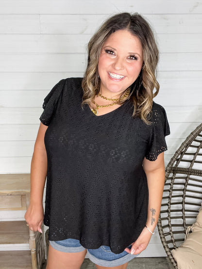 "Counting On It" Eyelet Ruffle Cap Sleeve (Black)