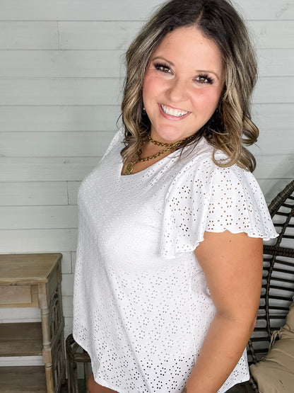 "Counting On It" Eyelet Ruffle Cap Sleeve (White)
