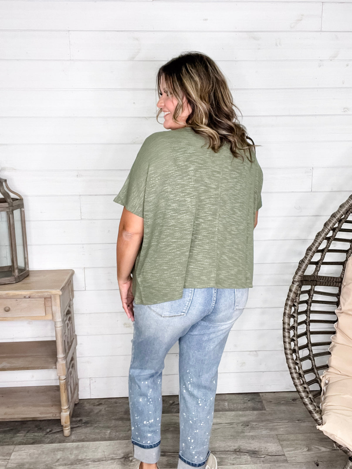 "Ponder" Oversized Hacci Tee with Chest Pocket (Light Olive)