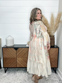 "Country In The Park" Long Sleeve V Neck Lace Dress (Patchwork)
