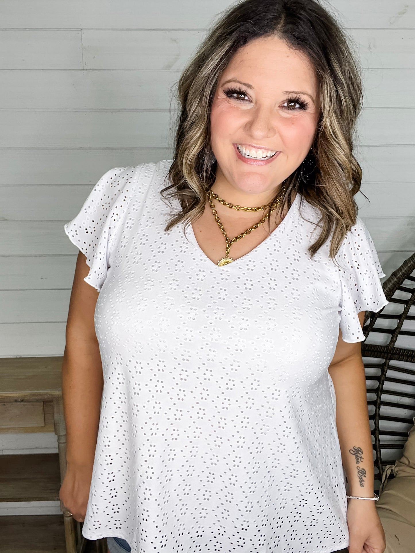 "Counting On It" Eyelet Ruffle Cap Sleeve (White)